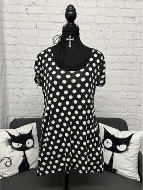 Black And White Polka Dot Short Sleeves Mini Dress/ Tunic Sz L/ XL Twee Retro
